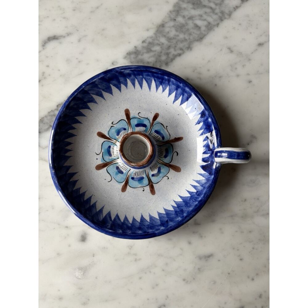 Handmade Ceramic Tonala Blue Brown White Glossy Floral Candle Holder Mexico 362 - Picture 2 of 6